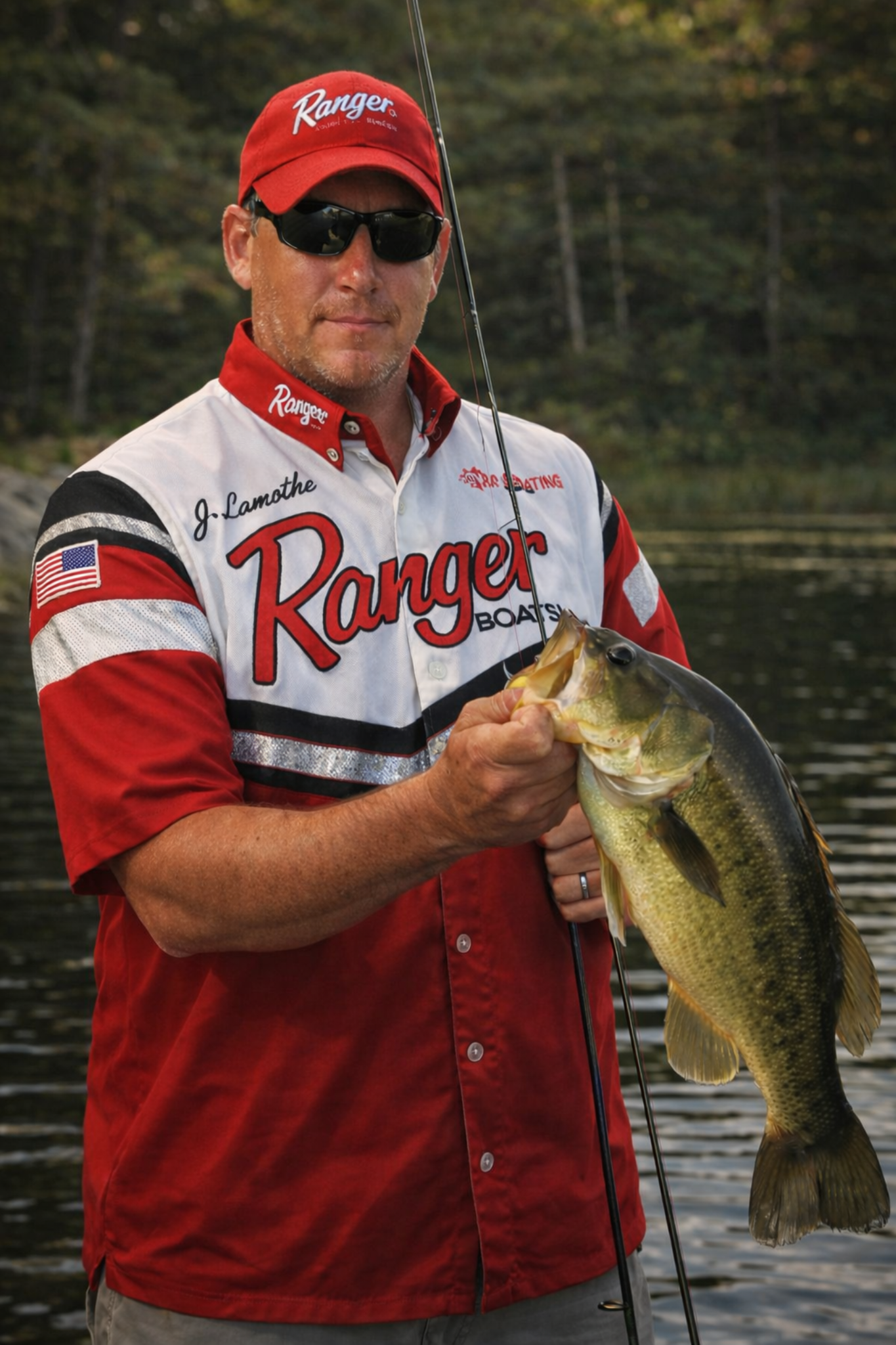 Jay Lamothe holding bass in Ranger shirt