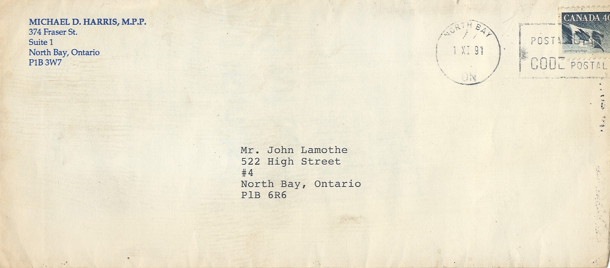 Envelope addressed to John Lamothe