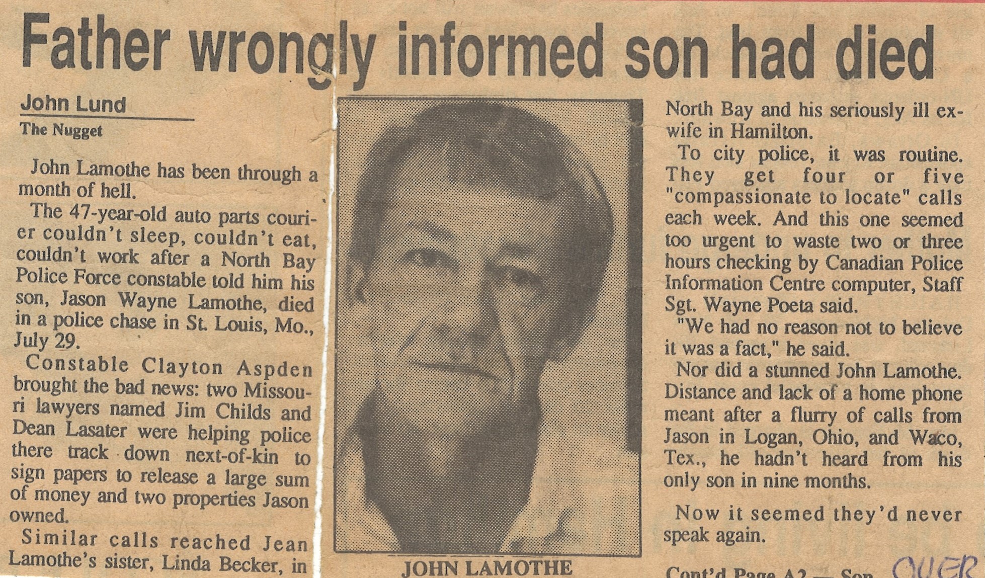 Newspaper clipping about father wrongly informed son had died